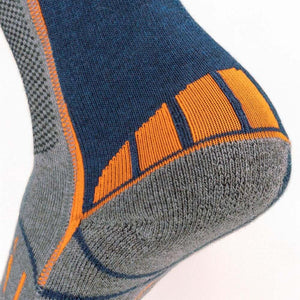 Mobile Warming blue and grey performance sock heel detail with orange accents