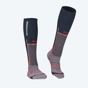 Mobile Warming black and grey knee high heated socks with side zipper battery pocket