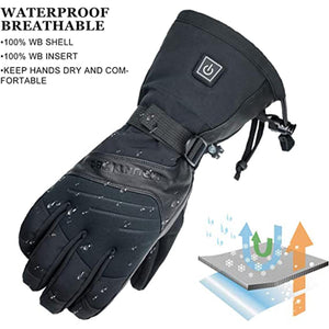 Mount Tec waterproof breathable black heated glove with power button and fabric diagram