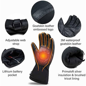 Mount Tec heated glove features including goatskin leather, adjustable strap, battery pocket, and Primaloft insulation