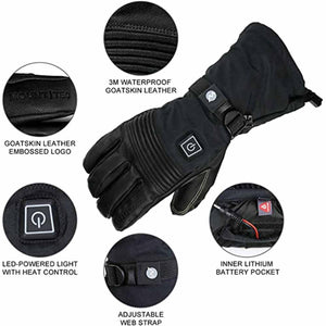 Mount Tec heated glove features waterproof goatskin leather, LED heat control, battery pocket, and adjustable web strap