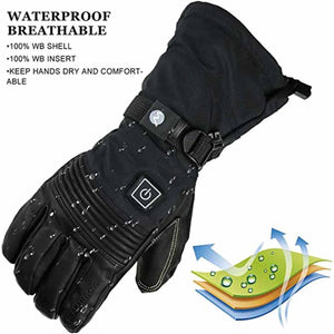 Black waterproof heated glove with power button and layered fabric diagram