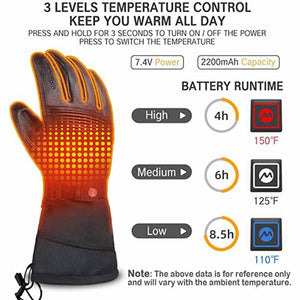 Heated glove showing three temperature settings with battery runtime and power specifications