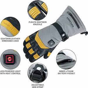 Mount Tec heated glove with labeled features including goatskin leather, battery pocket, and heat control