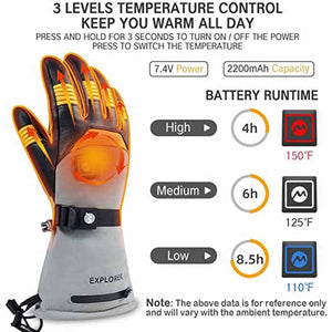 Mount Tec heated glove showing three temperature settings and battery runtime chart