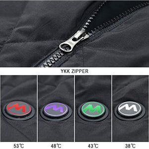 YKK zipper and four temperature control buttons with red purple green and white light indicators