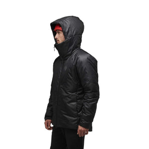 Person wearing a black Black Diamond hooded insulated jacket