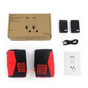 Heated socks set with two batteries, charging cable, and user manual in a cardboard box