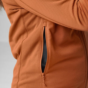Close up of a FjallRaven jacket showing the textured fabric and side zippered pocket