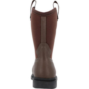 Back view of brown Muck pull on work boot with black sole