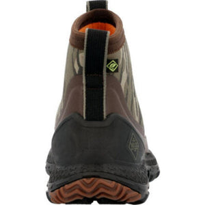 Rear view of Muck camouflage ankle boot with black rubber heel and orange interior lining