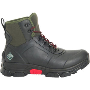 Muck black and olive green waterproof lace up boot with red accents