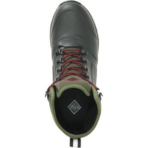 Top view of a Muck olive green lace up boot with red laces