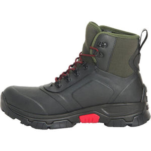 Muck black and olive green lace up work boot with red laces and red sole detail