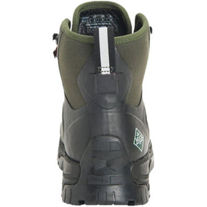 Back view of a Muck olive green and black rubber outdoor boot