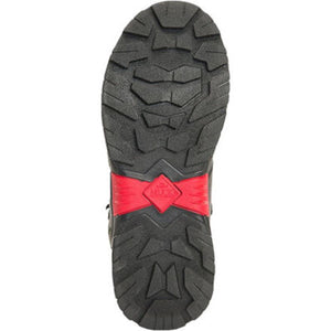 Black rubber lugged outsole of a Muck boot with a red midfoot shank