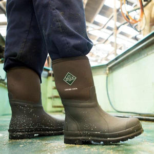 Person wearing brown Muck Chore Cool rubber boots with dark blue work pants