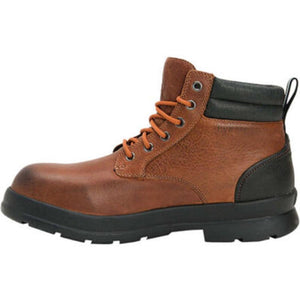 Muck brown leather work boot with black trim and orange laces