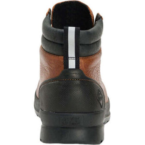 Rear view of Muck brown and black waterproof ankle boot