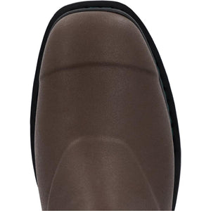 Close up of the brown rubber toe cap on a Muck boot