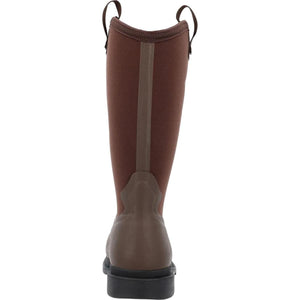 Back view of brown Muck tall rubber boot with pull tabs