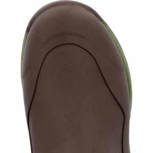 Close up of brown Muck boot toe cap