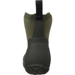 Back view of olive green Muck ankle boot with black rubber heel and pull tab