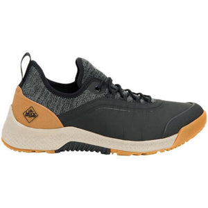 Muck black and tan athletic sneaker with a textured knit upper and rubber sole