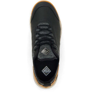 Top view of a black Muck sneaker with a grey knit tongue and tan rubber sole