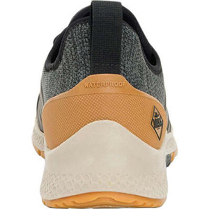 Rear view of Muck waterproof sneaker with grey knit upper and tan heel counter