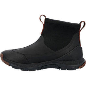 Muck black ankle boot with brown trim and pull tabs