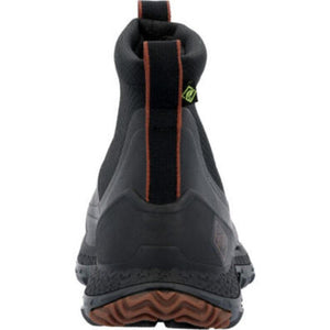 Rear view of black Muck ankle boot with brown pull tab and textured sole