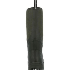 Back view of a Muck olive green rubber boot with a pull tab