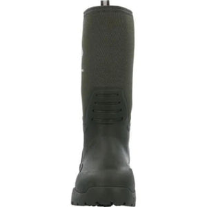 Muck olive green tall rubber work boot front view