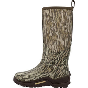 Muck knee high rubber boot with brown tree bark camouflage pattern