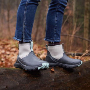 Person wearing Muck grey and light blue ankle boots standing on a log