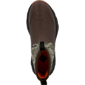 Top view of Muck brown ankle boot with camouflage collar and orange interior