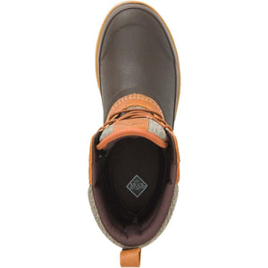 Top view of Muck brown waterproof boot with tan leather accents and lace up closure