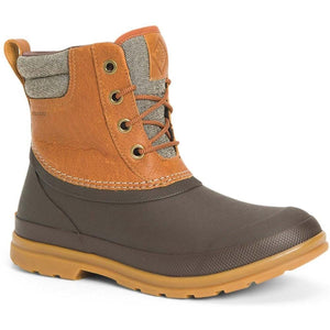 Muck lace up waterproof boot with brown rubber base and tan leather upper