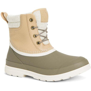 Muck lace up winter boot with olive rubber base and tan leather upper