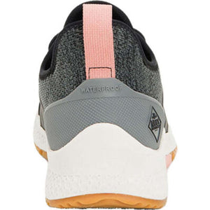 Back view of Muck waterproof sneaker with grey knit upper and white midsole