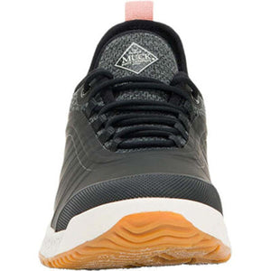 Front view of Muck black sneaker with white midsole and gum rubber outsole