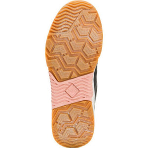 Bottom view of Muck boot showing brown rubber tread pattern and pink arch support