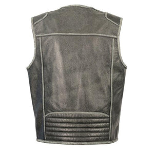 Back view of a Milwaukee Leather distressed black leather vest with quilted lower back panel