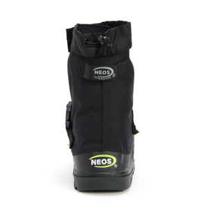 Back view of black Neos overshoe with drawstring closure and logo