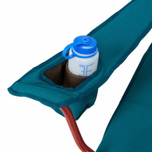 Kelty camping chair armrest with integrated cup holder containing a water bottle
