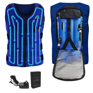 AlphaCool blue cooling vest with internal tubing, water bladder, and rechargeable battery pack