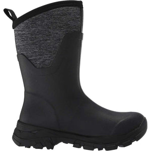 Black rubber mid calf boot with grey heathered fabric upper and pull tab