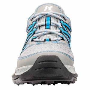 Front view of grey and blue K-Swiss athletic shoe with black rubber sole