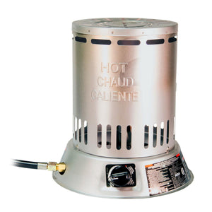 World Marketing propane tank top heater with silver metal housing and control knob